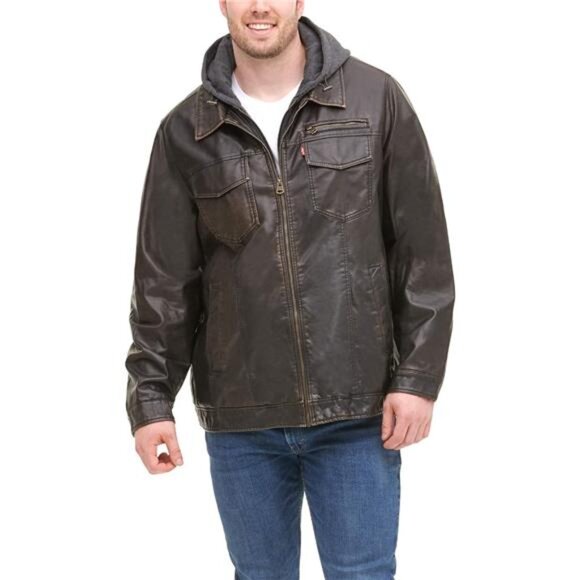 Levi's Men's Faux Leather Hooded Trucker Jacket With Sherpa Lining - Picture 13 of 16